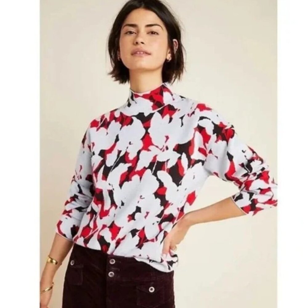 Anthropologie. Mock turtleneck sweater.  Poppy/white/black graphic pattern.
